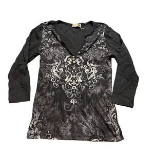 Blue Canyon 100% Cotton Y2K Grunge‎ Embellished Floral Graphic Brown Fitted Tee